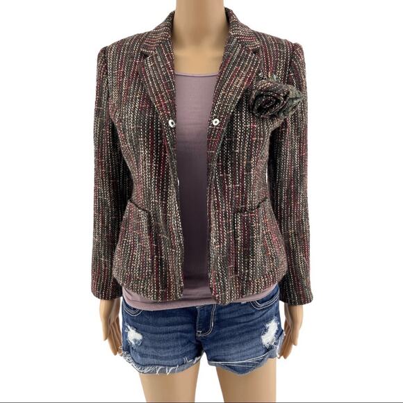 Sag Harbor US 4 Petite Y2K Brown Woven Contrast Stitch Tweed Blazer - Picture 1 of 7